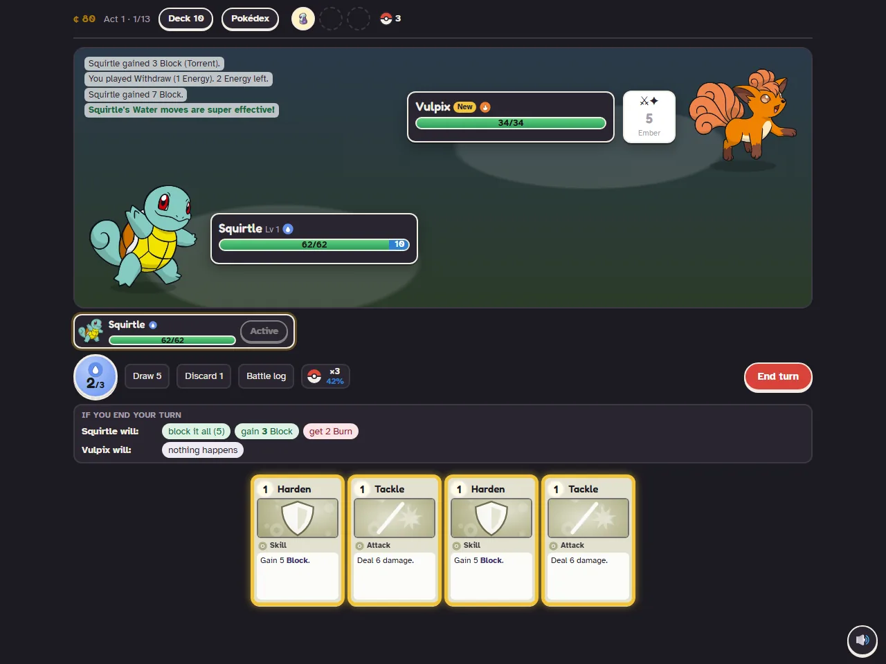 Squirtle versus Vulpix. Torrent shows 3 Block and Withdraw grants Block. Water is super effective.