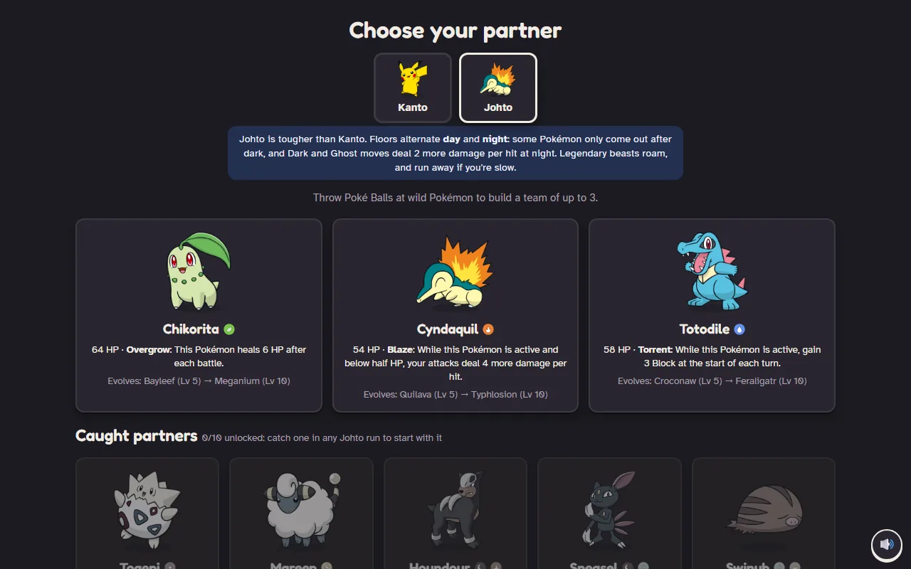 Johto starter select for Chikorita, Cyndaquil, and Totodile, with a day and night note.
