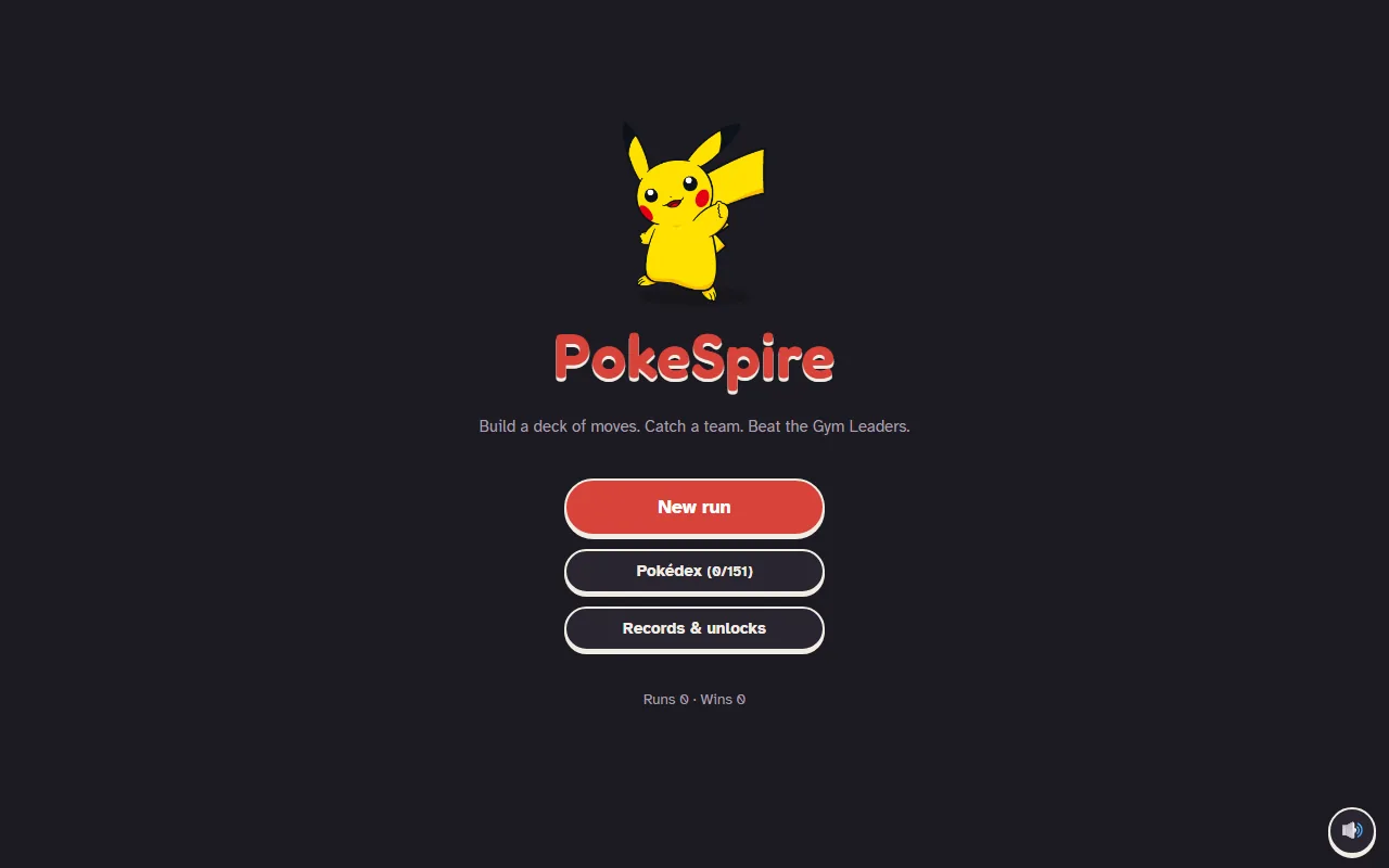 PokeSpire title screen with New run and a Pokédex counter at 0 of 151.